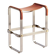 Contemporary bar stool in aged silver steel and natural tobacco leather.