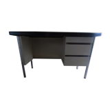 Industrial metal desk from the 70s with three drawers and glass top