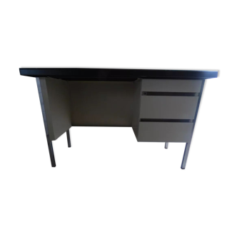 Industrial metal desk from the 70s with three drawers and glass top