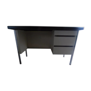 Industrial metal desk from the 70s with three drawers and glass top