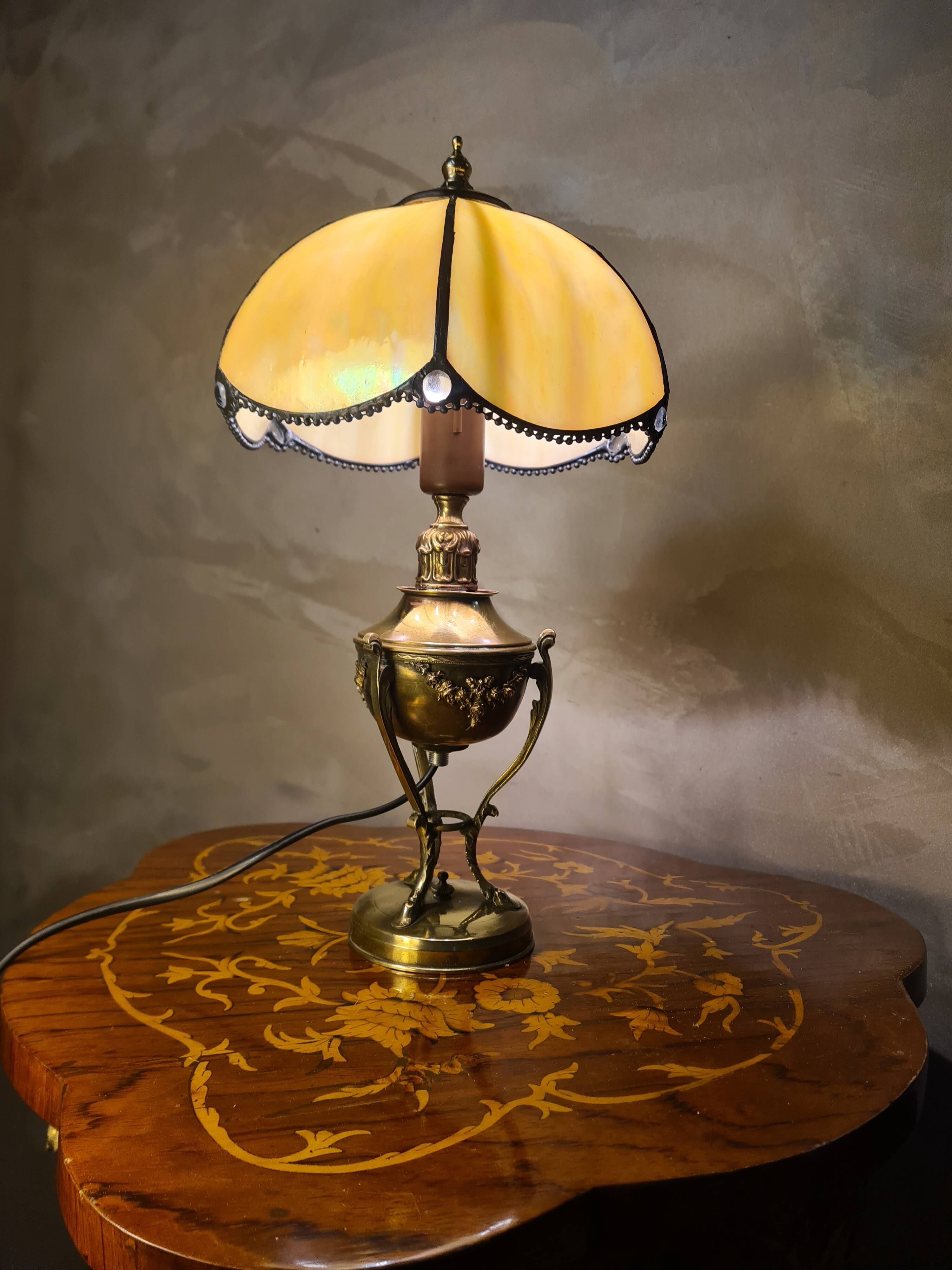 Vintage brass petrol lamp, electric, with glass and lead shade, 38x21