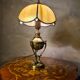 Vintage brass petrol lamp, electric, with glass and lead shade, 38x21