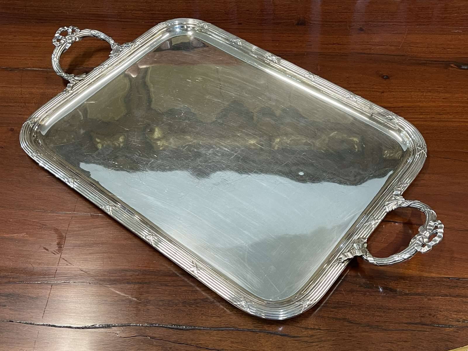 Rectangular tray with LOUIS XVI style handles in silver-plated metal, work from the 1950s