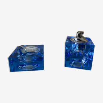 1970 vintage design blue glass cendrier and lighter
