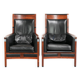 Set of 2 Art Deco design armchairs in black cowhide leather