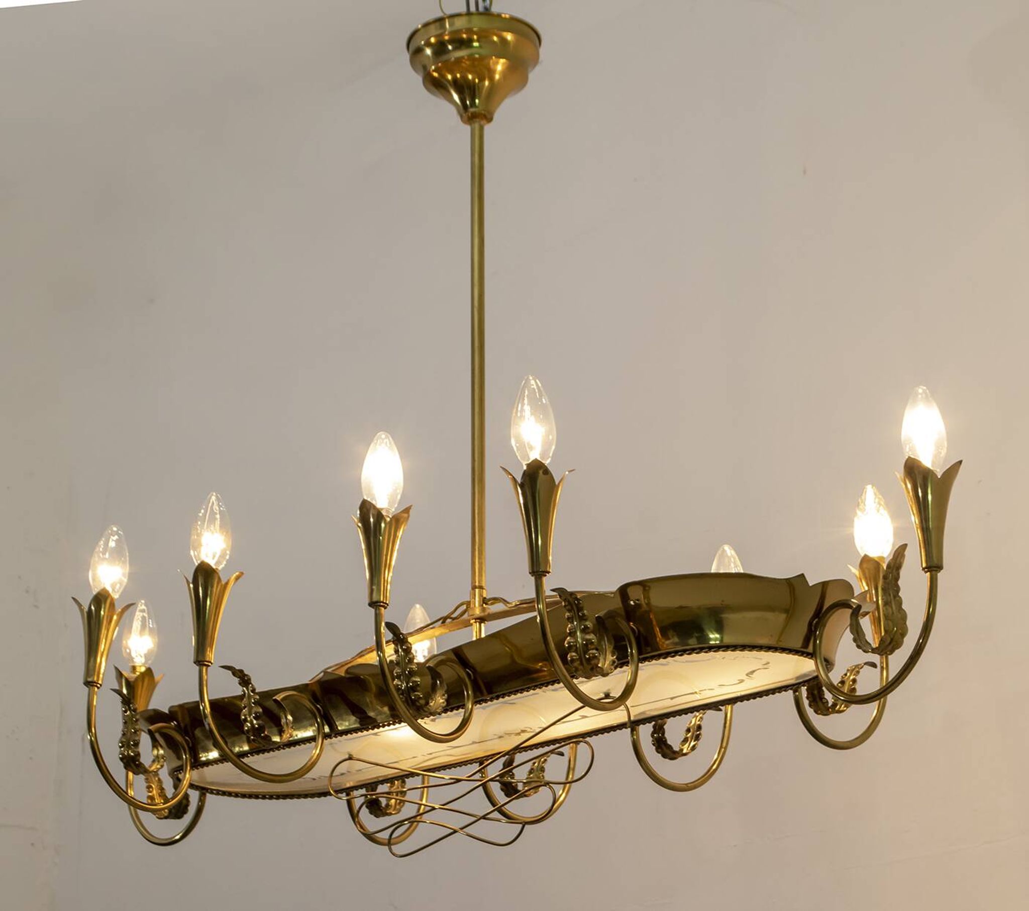 After Pietro Chiesa Italian Brass 12 Lights Candelier Fontana Arte