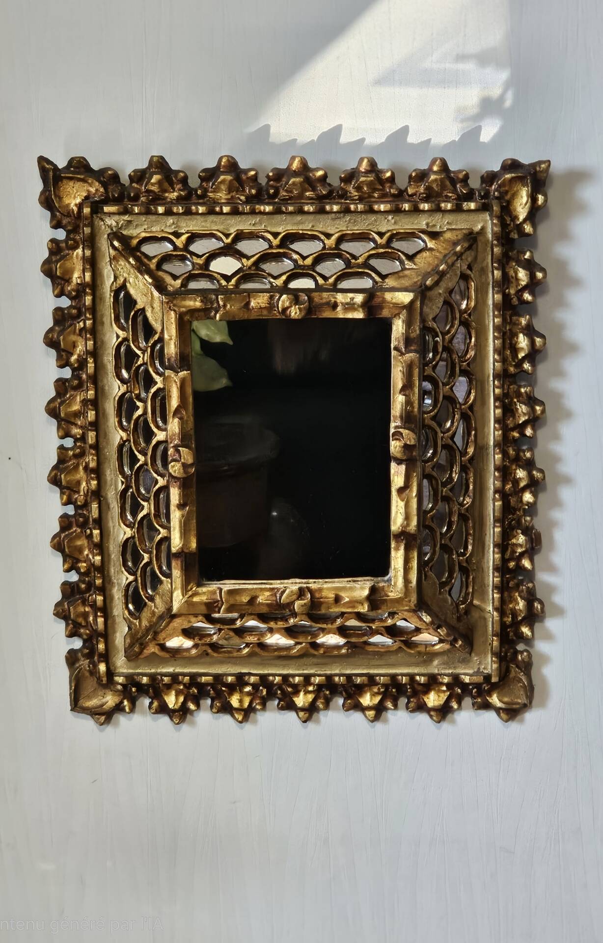 Vintage ethnic mirror, handcrafted golden wood, 1950.