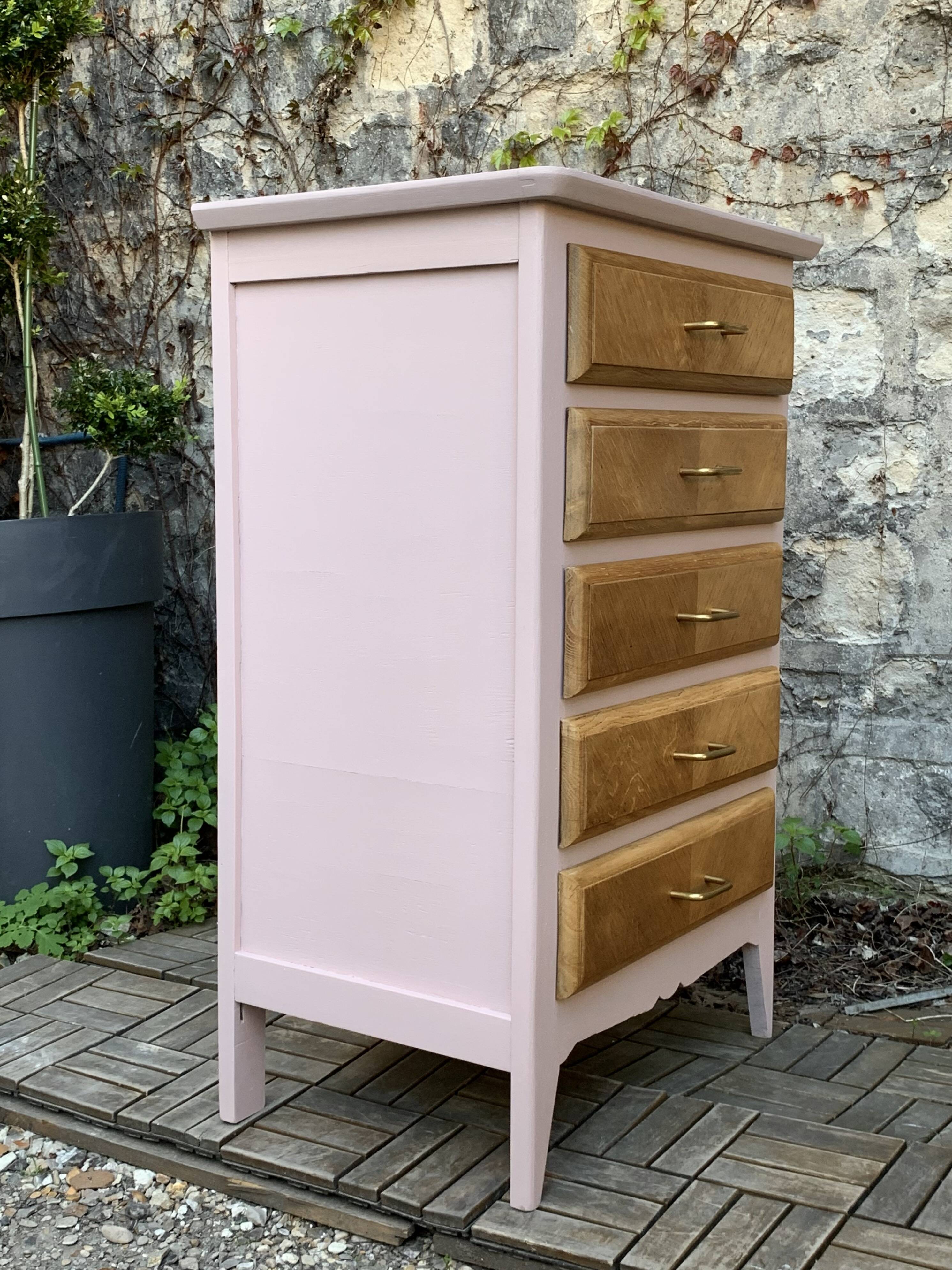 Vintage powder pink compass leg chest of drawers from the 1950s