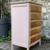 Vintage powder pink compass leg chest of drawers from the 1950s