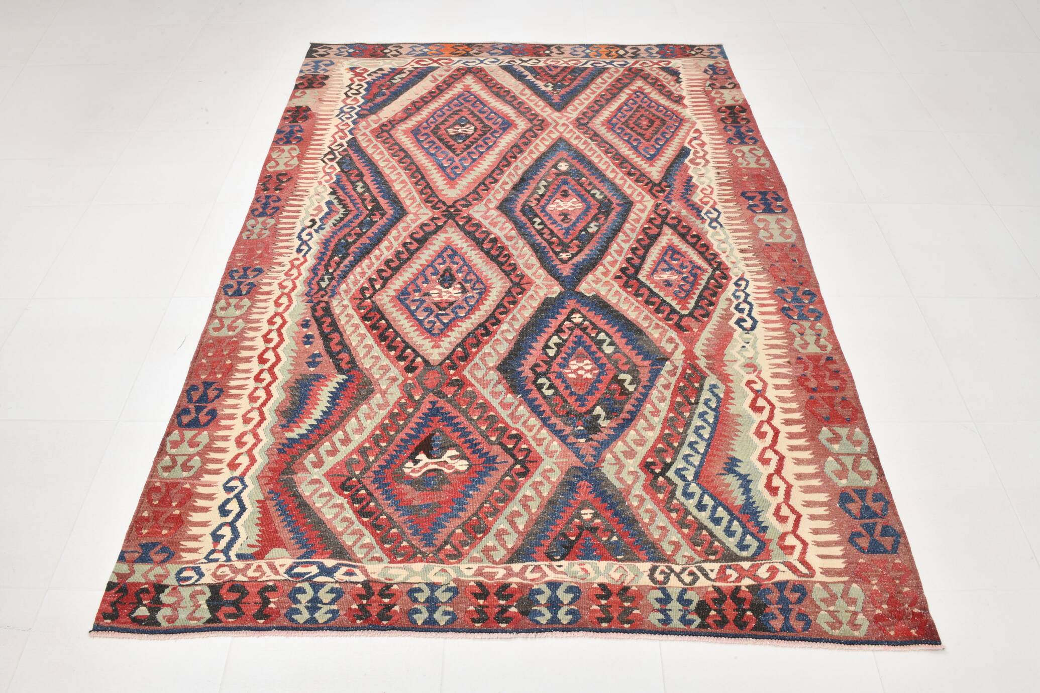 Kilim Ancien Fait Main en Laine Rouge et Bleu,Tapis Plat Vintage,165x231 Cm