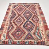 Kilim Ancien Fait Main en Laine Rouge et Bleu,Tapis Plat Vintage,165x231 Cm