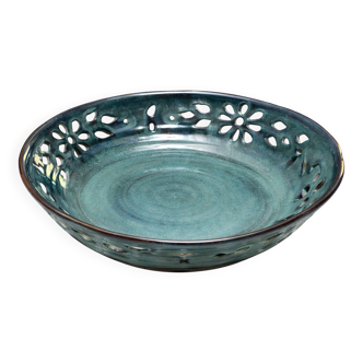 Very large handcrafted openwork stoneware dish Ø 36 cm – Turquoise blue glaze