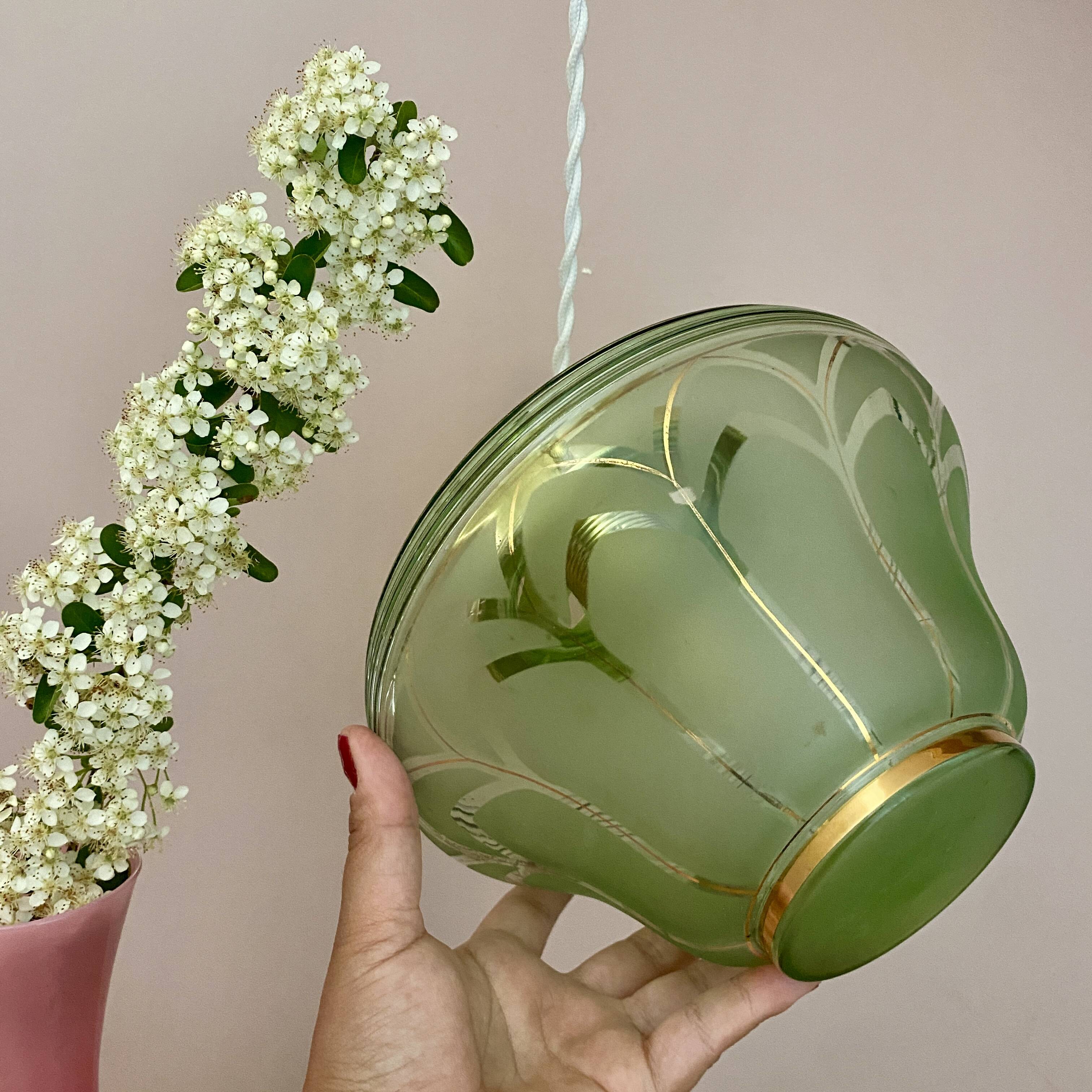 Vintage art deco globe pendant light in green and gold frosted glass