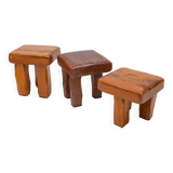 Set of 3 Brutalist stools in solid oak