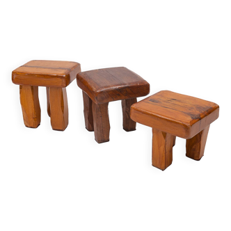 Set de 3 tabourets Brutalistes en chêne massif