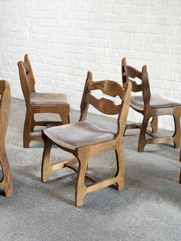 Chaises de Salle à Manger en Bois et Tissu attribuées à Guillerme Et Chambron, 1950s, Set de 6