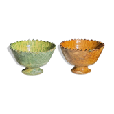 Lot de 2 coupes artisanales sur pied en terre cuite vernissée verte et brun