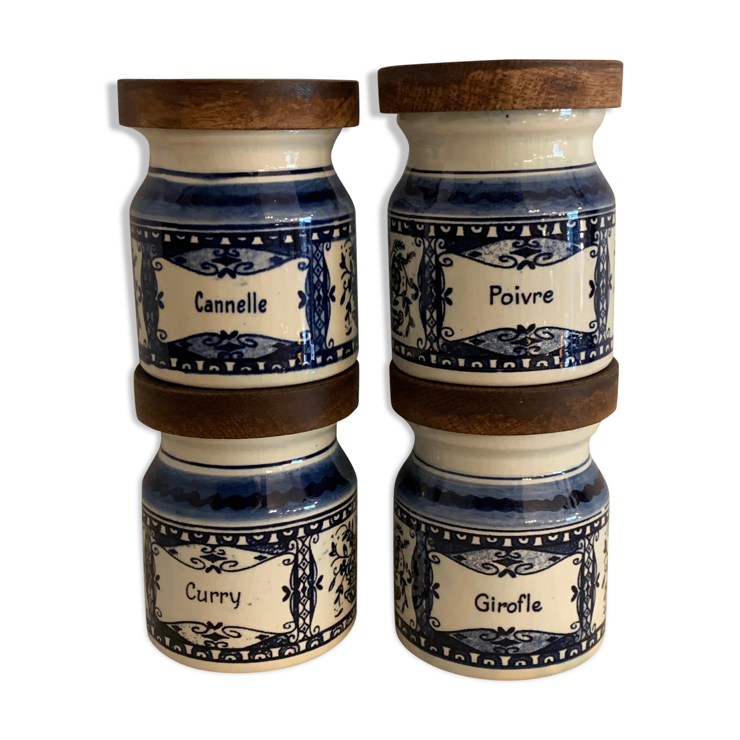 4 old blue and white delfts earthenware spice jars