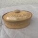 Old terrine in glazed stoneware and floral decoration mustard yellow slip