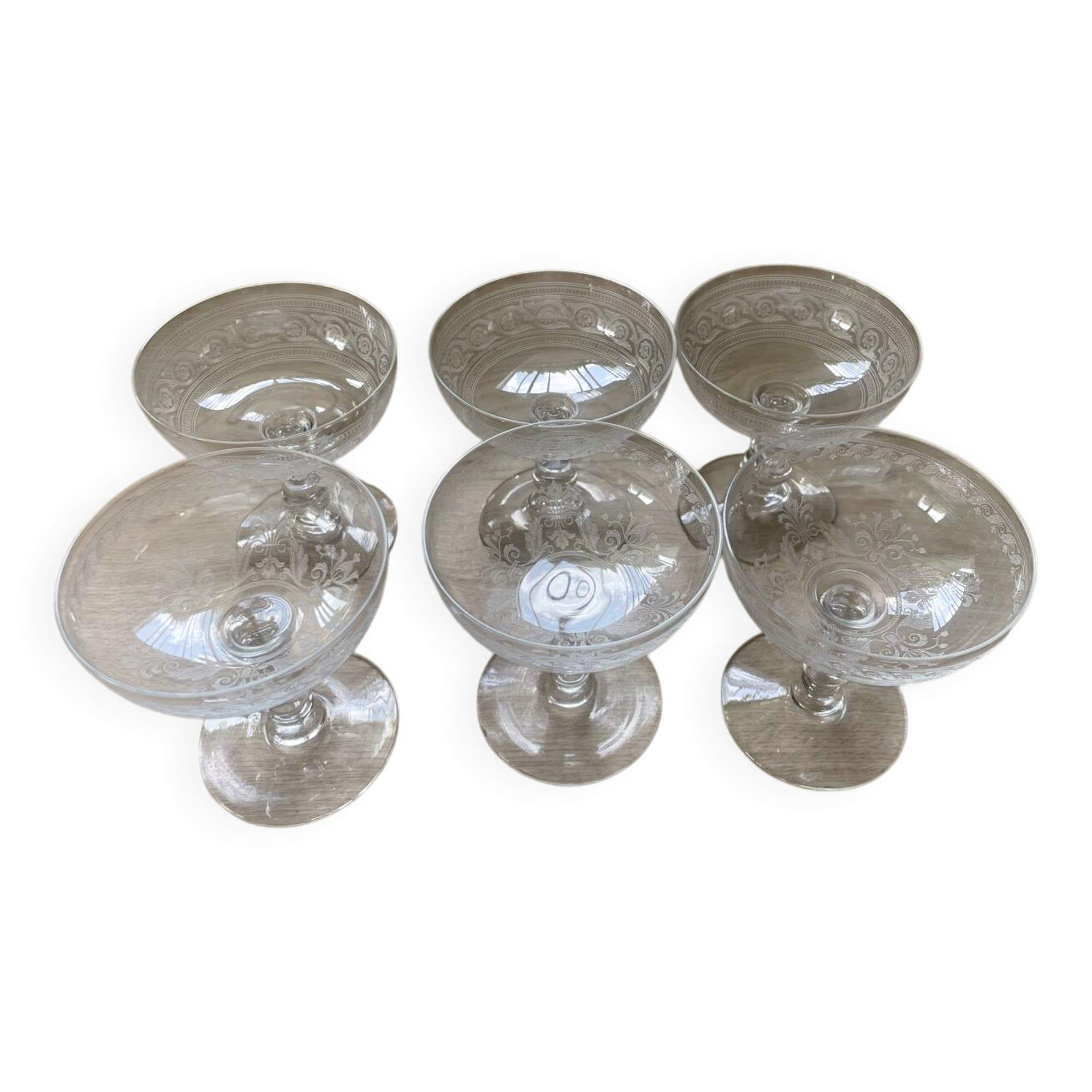 6 Mismatched Engraved Champagne Glasses