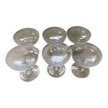 6 Mismatched Engraved Champagne Glasses