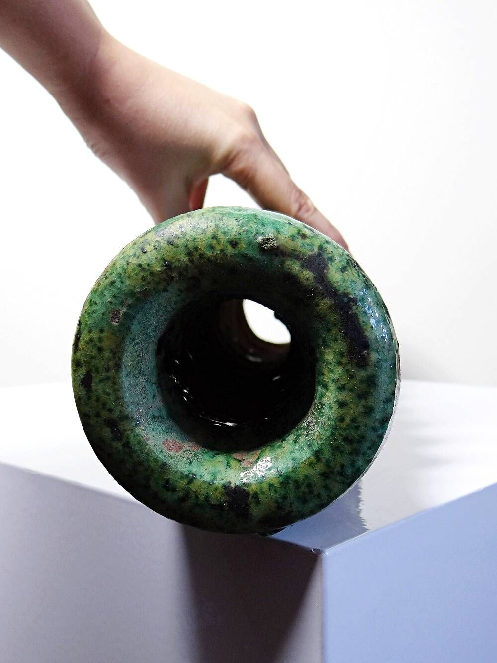 Large Tamegroute candlestick in green glazed terracotta, Morocco, 1960s-1970s.