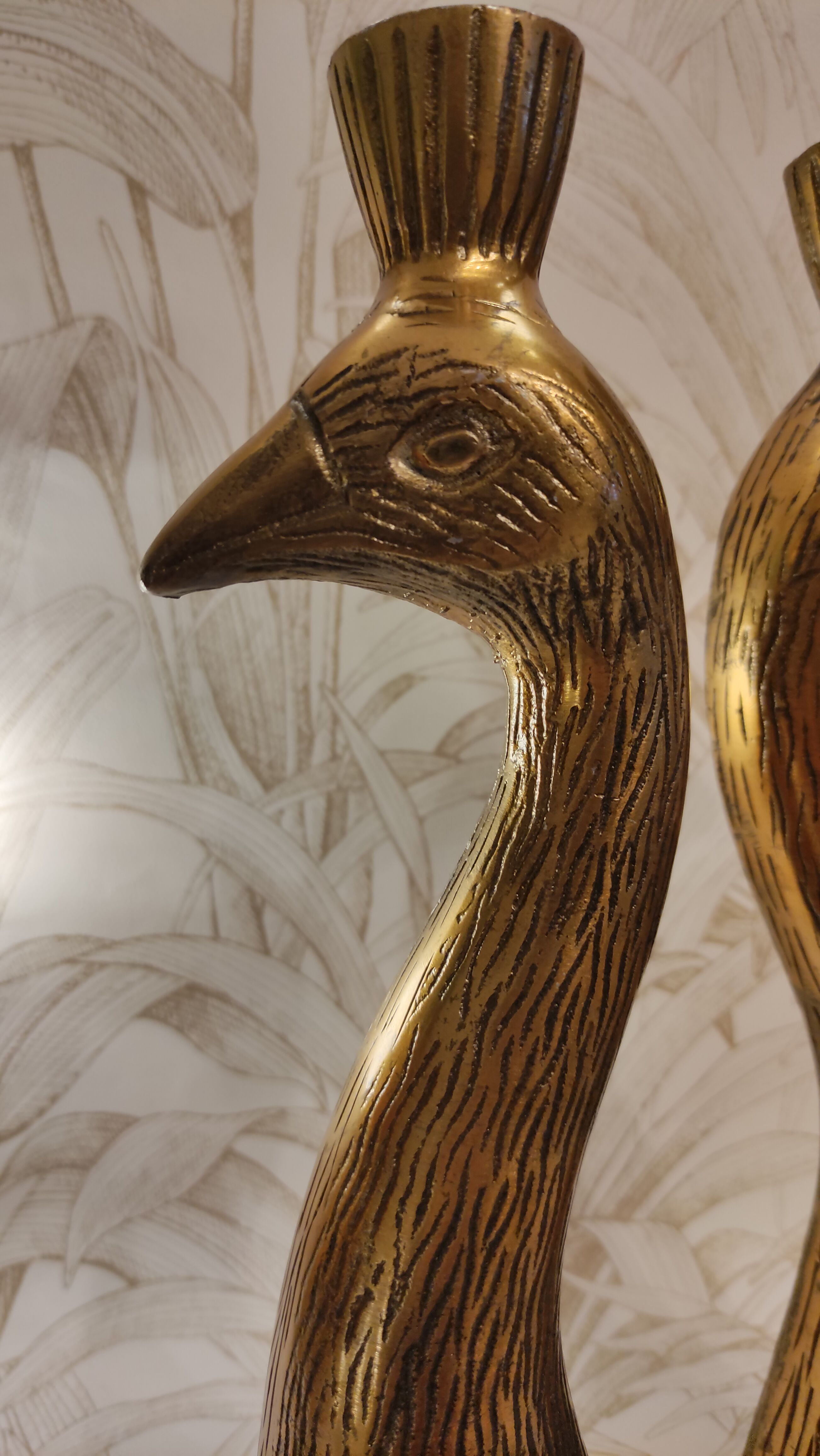 Golden candle holder art deco style peacock head