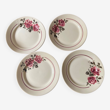 4 assiettes plates de Badonviller modèle Strasbourg à décor de roses