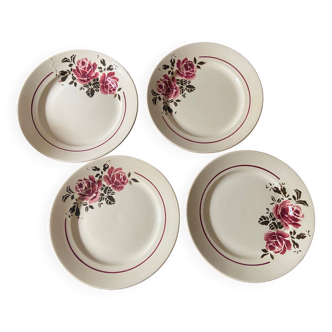 4 assiettes plates de Badonviller modèle Strasbourg à décor de roses