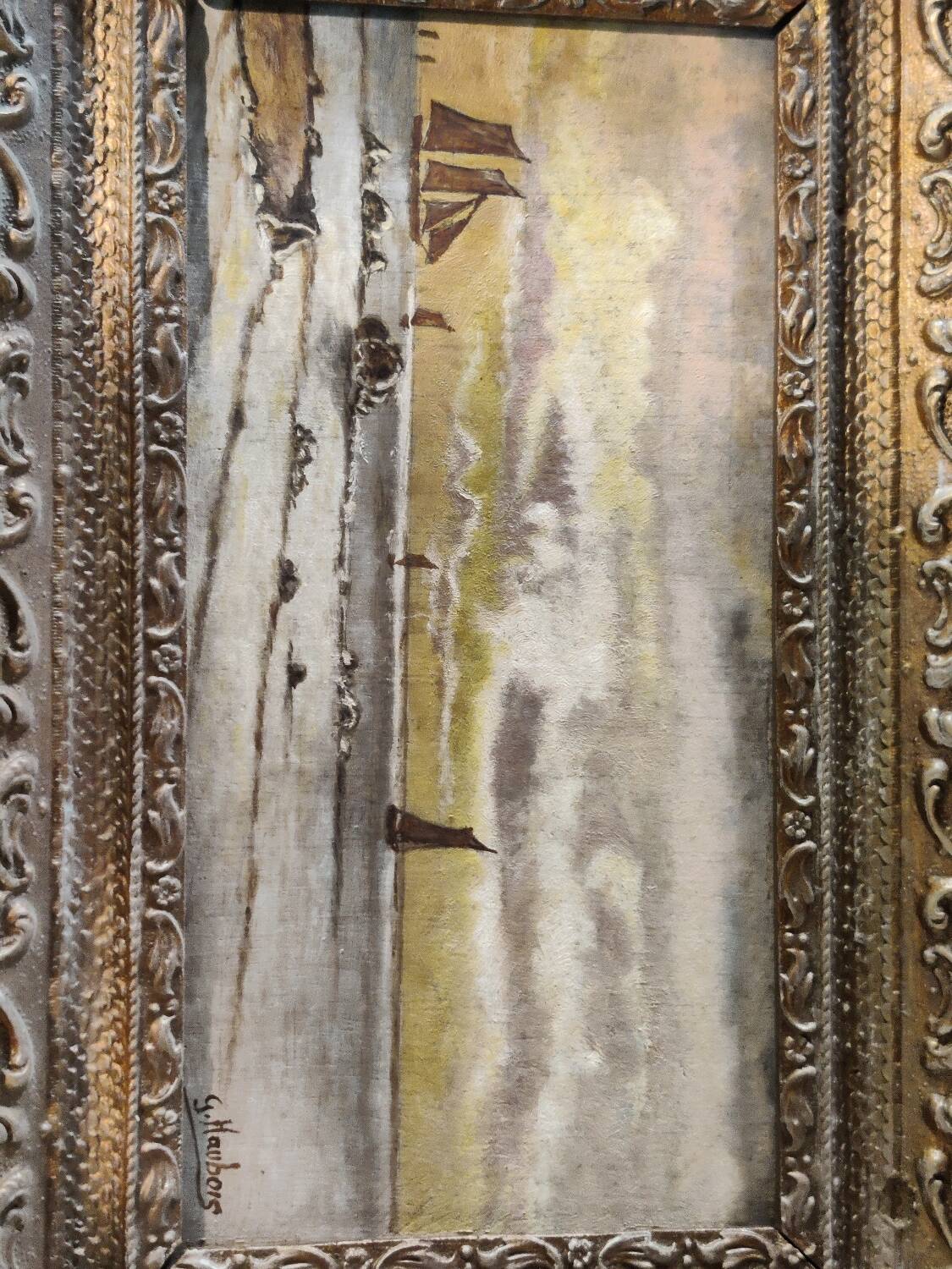 Lot of 2 old marine paintings on wood signed G. Haubois - Gilded frame