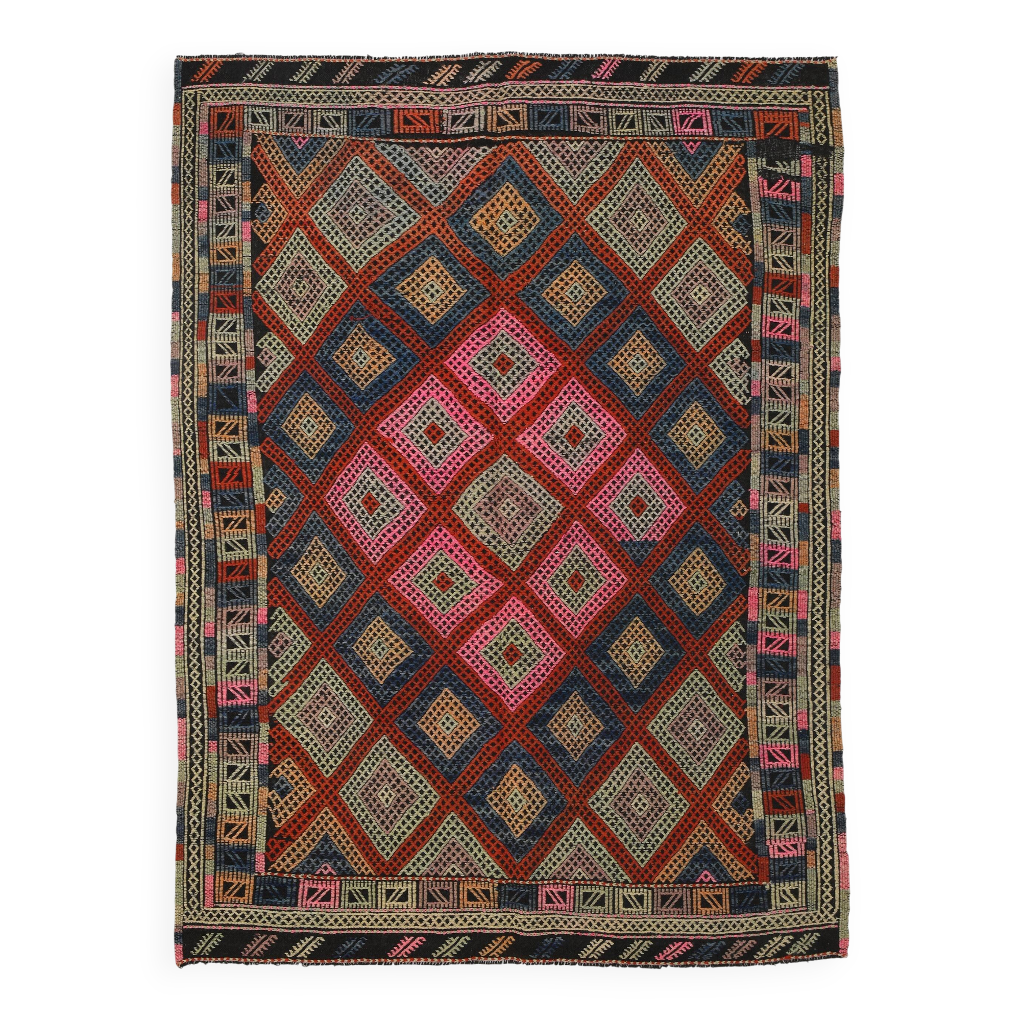 1955s Turkish Antique Pink & Blue Vintage Kilim Rug, 167x226Cm