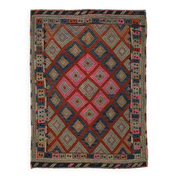 Tapis kilim vintage turc antique rose et bleu des années 1955, 167x226 cm