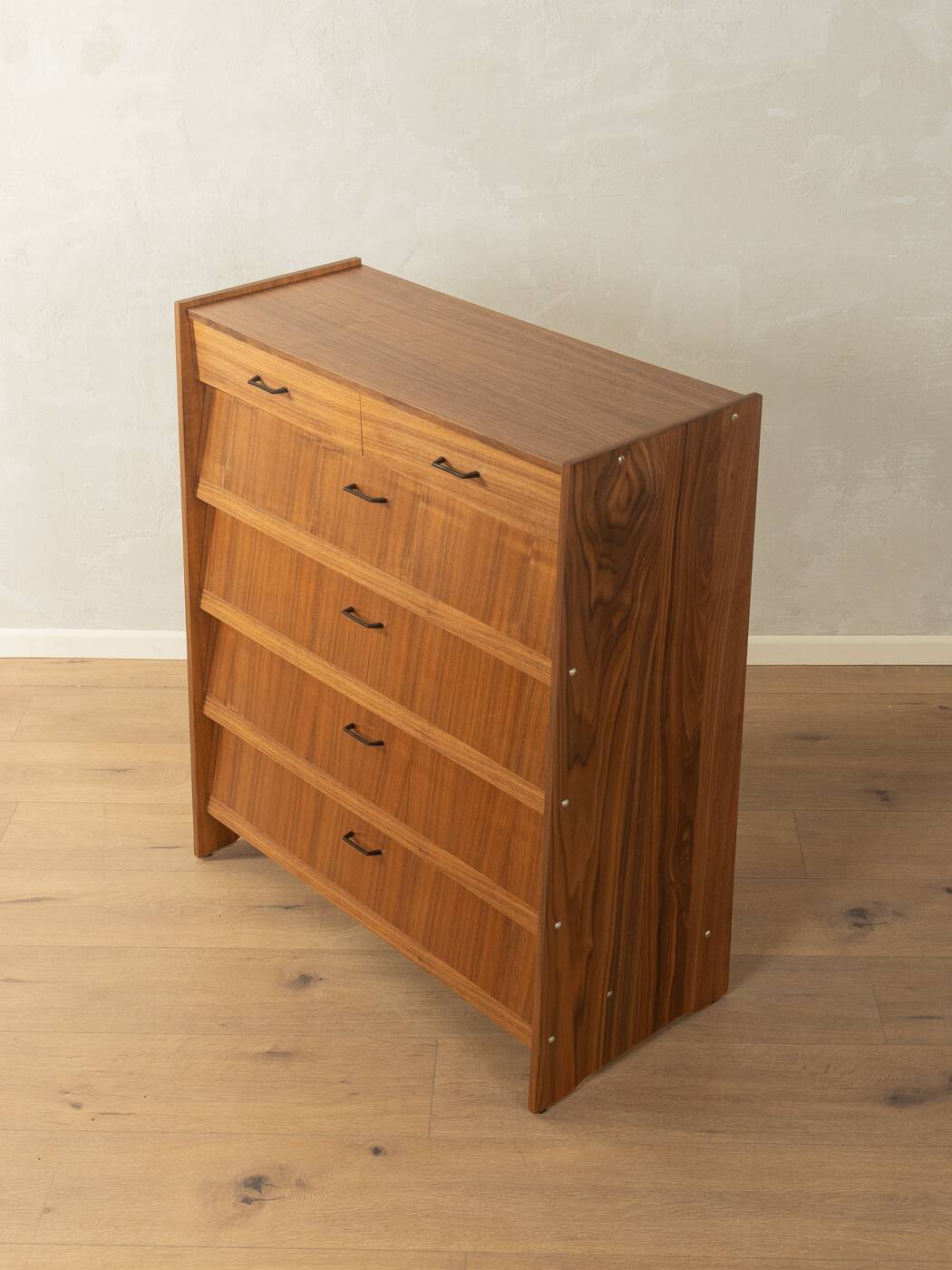 Classic shoe cabinet from the 1960s, walnut veneer, four drop-down doors, two drawers