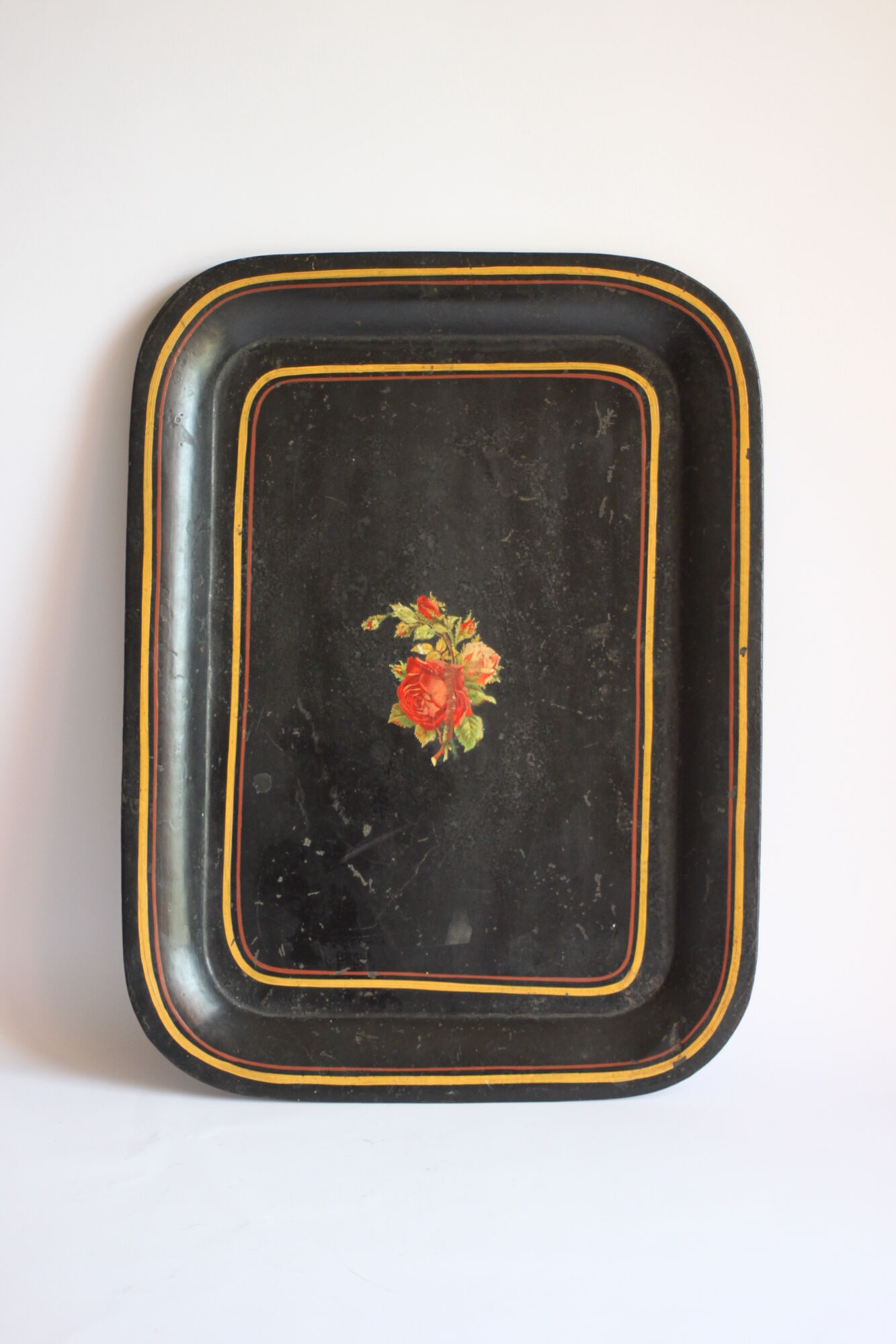 Black toleware painted metal serving tray 19th century