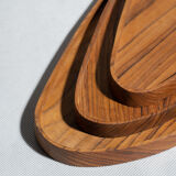 Trio of rounded triangular shaped trays or cups in monoxyl teak