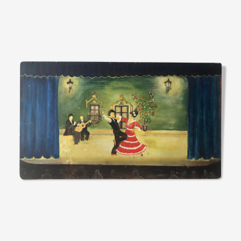 Oil on wood naïve painting of a flamenco show