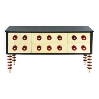 Midcentury Style Italian Sideboard Made of Solid Wood Murano Glass and Brass