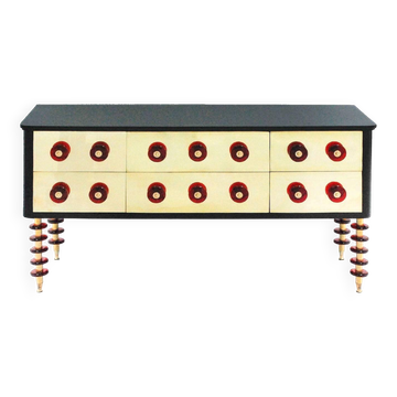 Buffet italien de style mid-century en bois massif, verre de Murano et laiton.