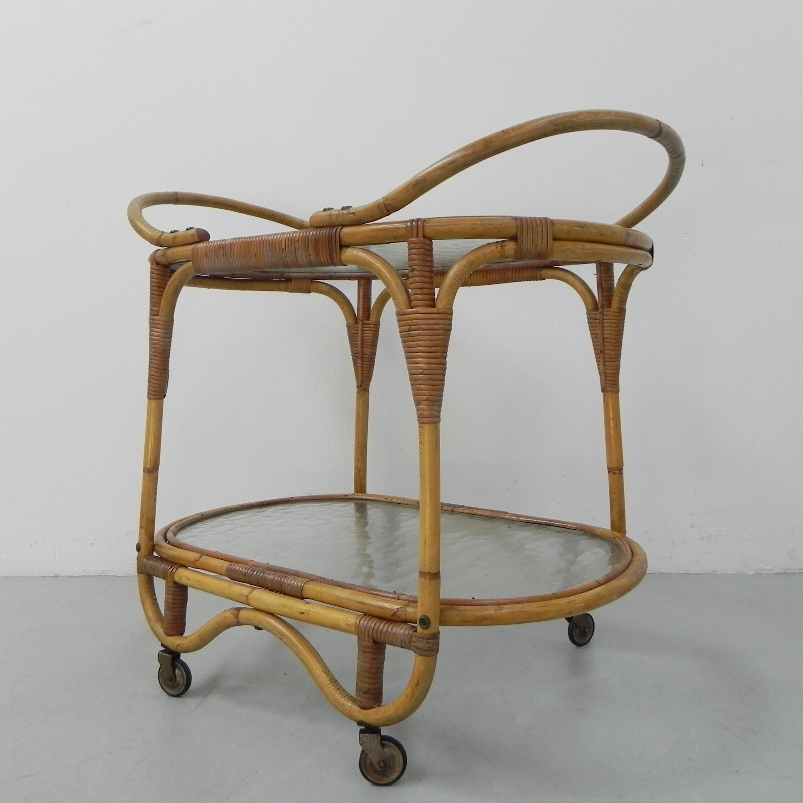Bamboo, rattan serving trolley on castors