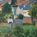 Painting on panel, countryside in spring.