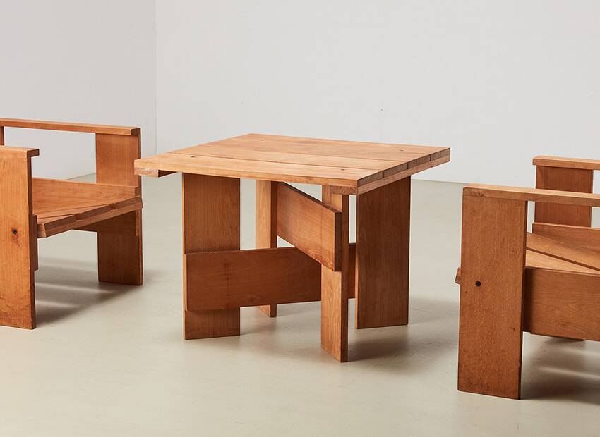 Gerrit Rietveld Pair of Crate Chairs + Table for Cassina 1934/ 1979