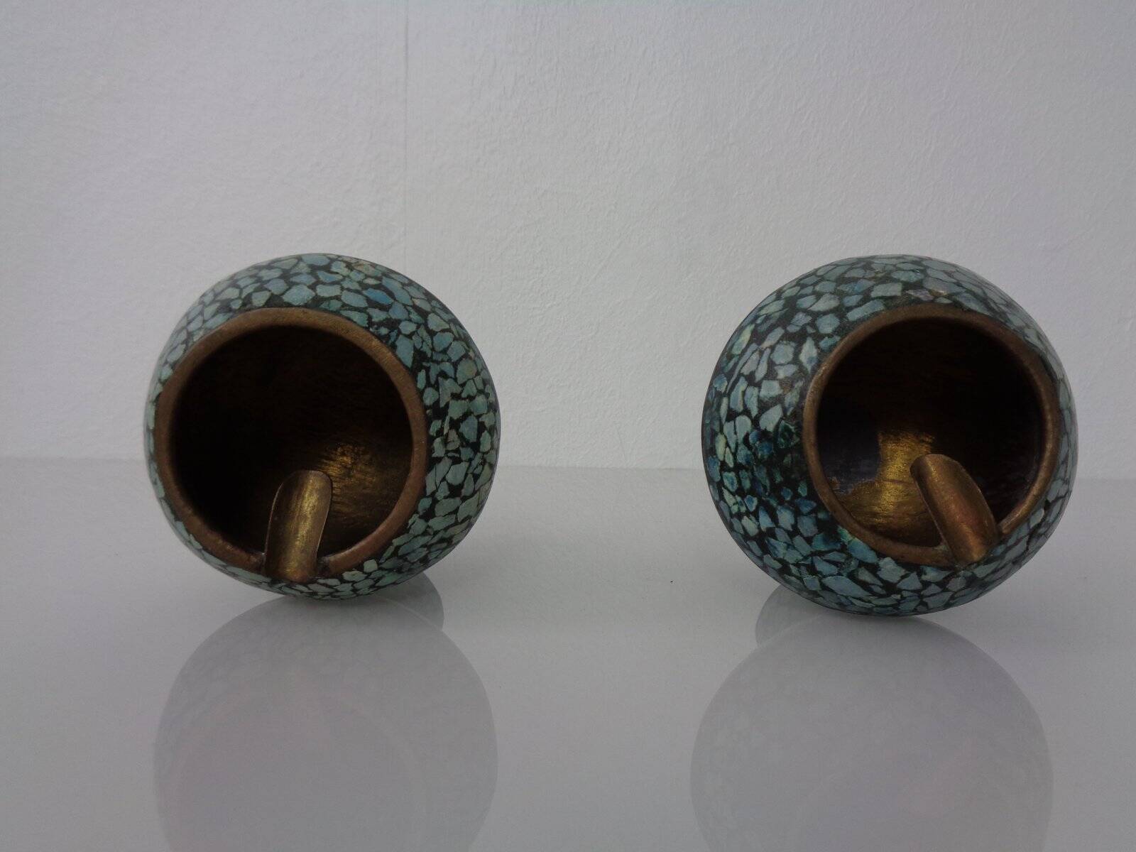 Vintage Indian Copper & Turquoise Stone Ashtrays, 1960s, Set of 2