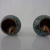 Vintage Indian Copper & Turquoise Stone Ashtrays, 1960s, Set of 2