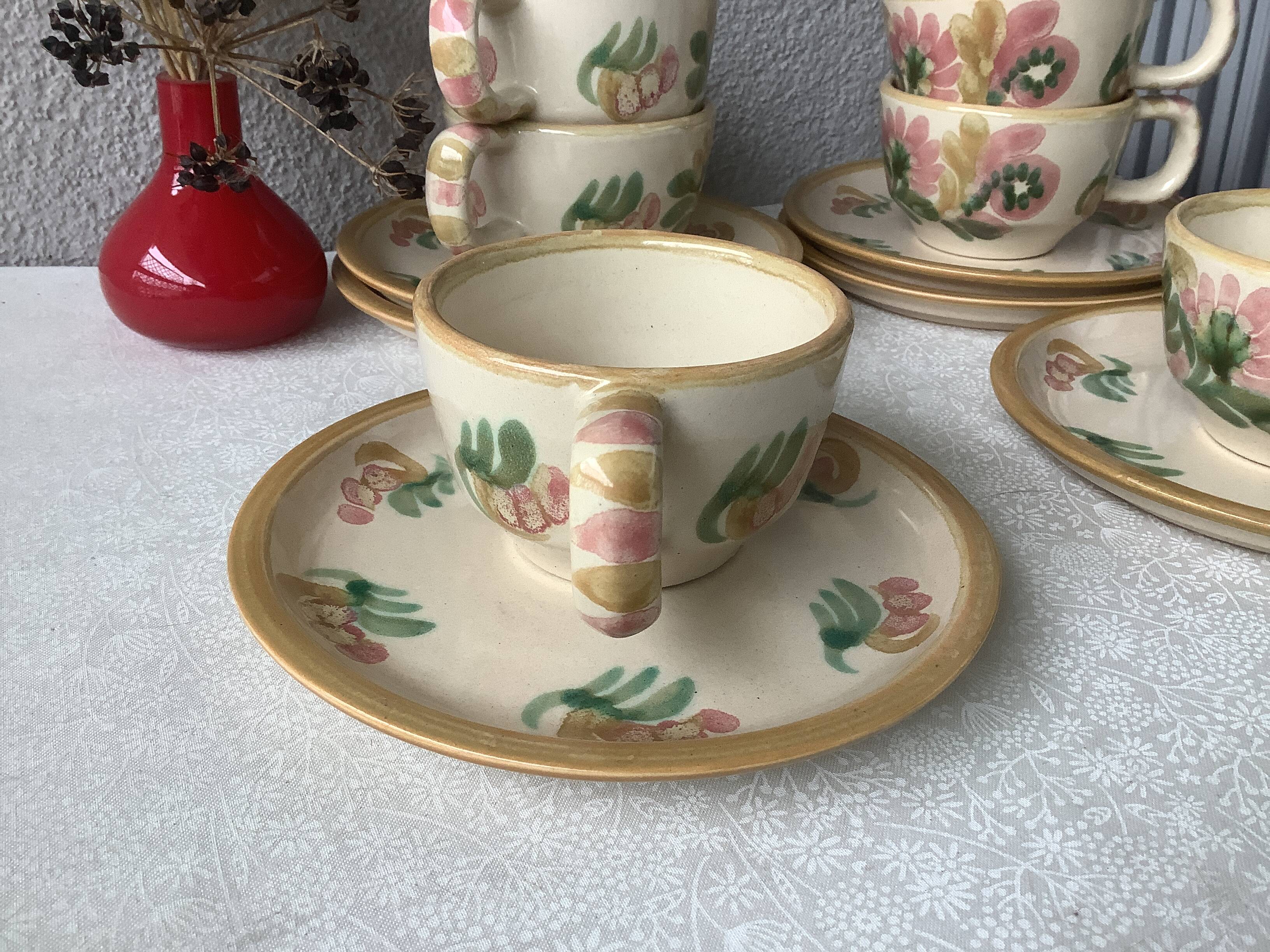 HB Henriot Quimper stoneware cups, hand-painted floral decoration