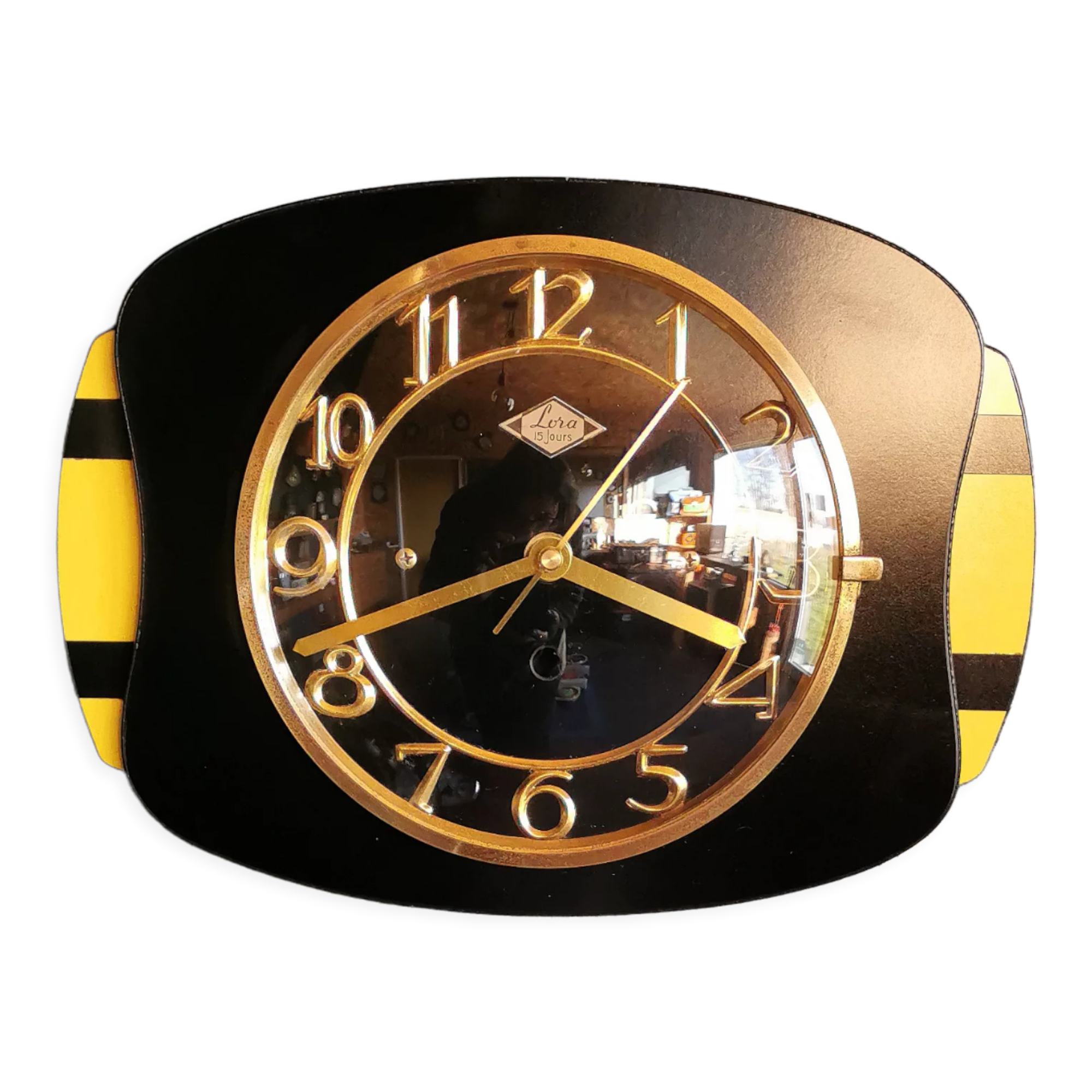 Vintage formica clock rectangular silent wall clock "Lora black yellow"