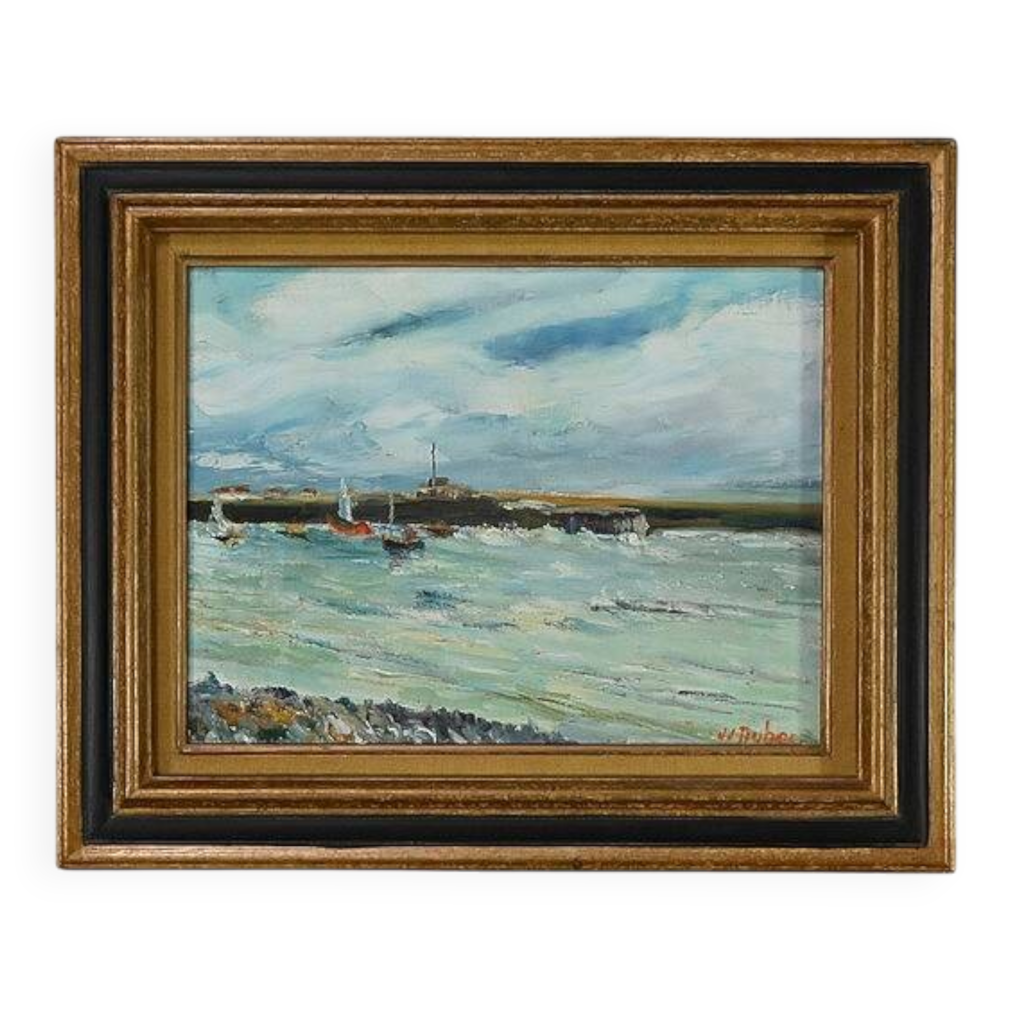 Painting “Petit Port Breton”, signed J.J Duboc – 1980
