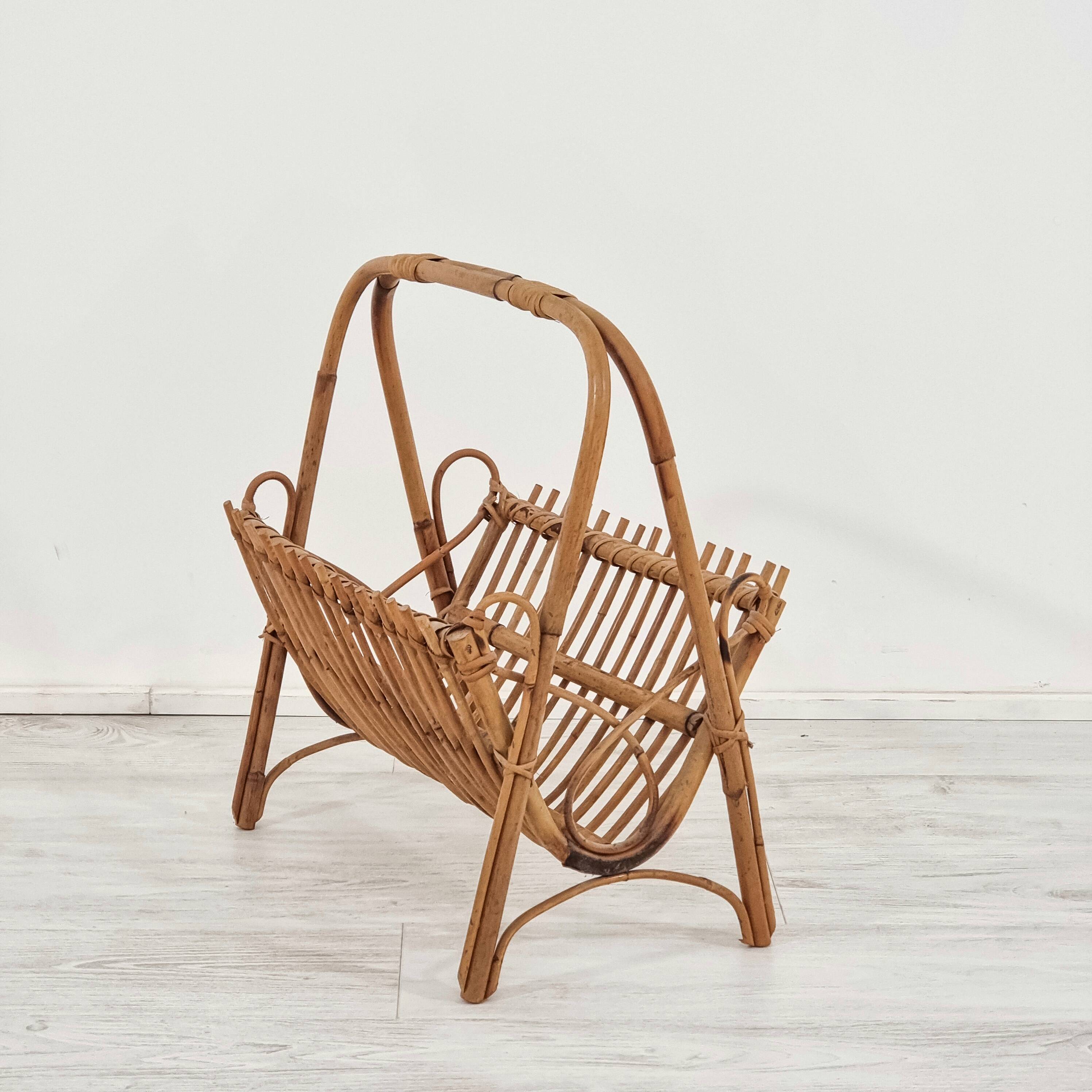 Beautiful 1960s rattan and bamboo magazine rack