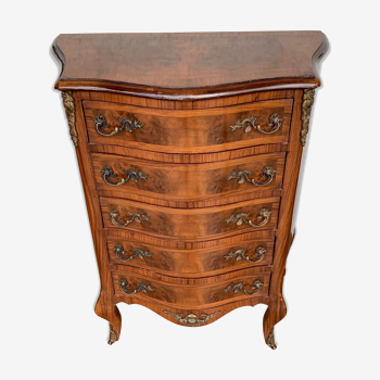 Commode en bois galbé marqueterie 5 tiroirs