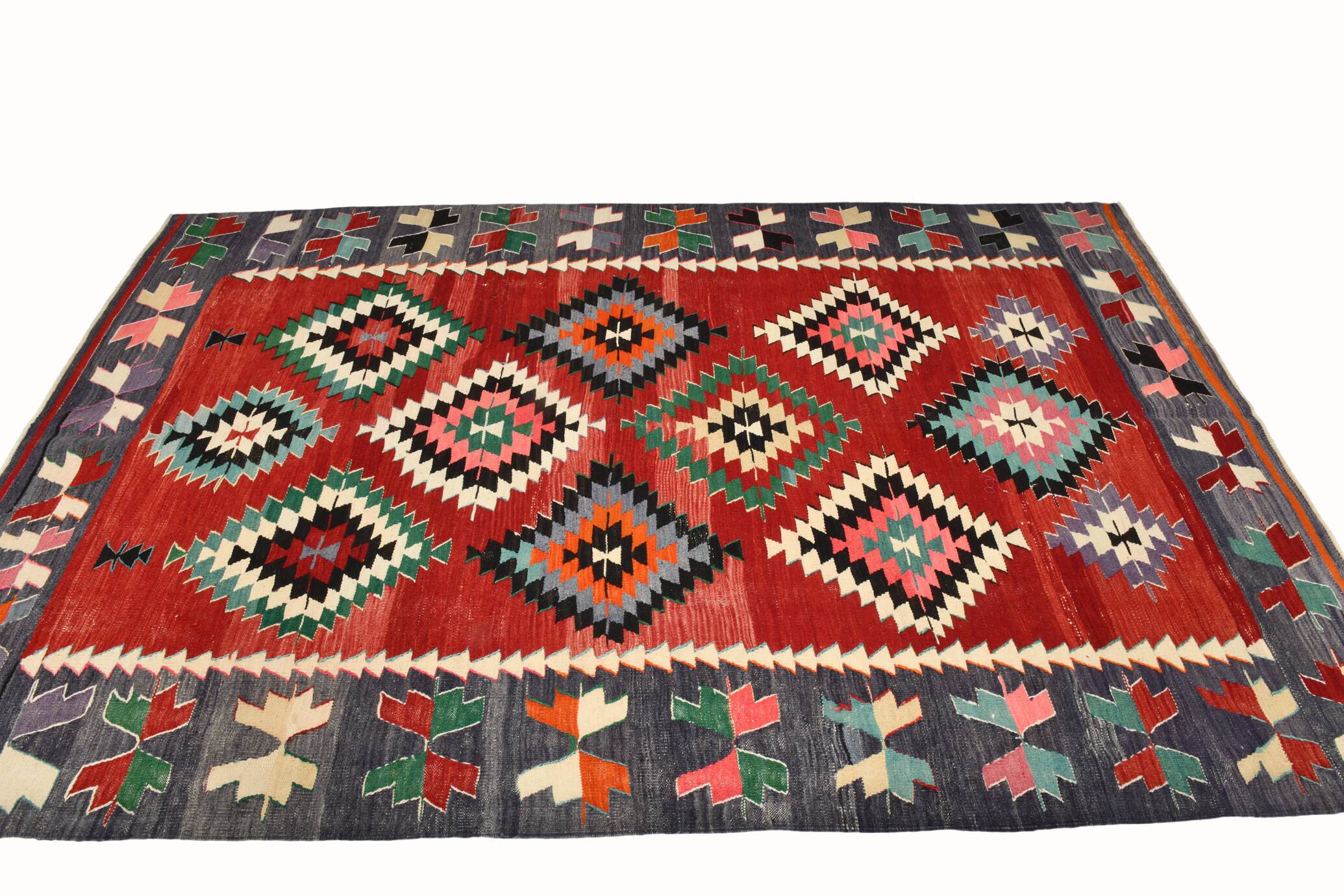 5x9 Red & Green Geometric Tribal Vintage Kilim Rug, 170x267Cm