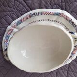 Antique sauceboat with lid in Gien earthenware, Rouen and dolphin decor